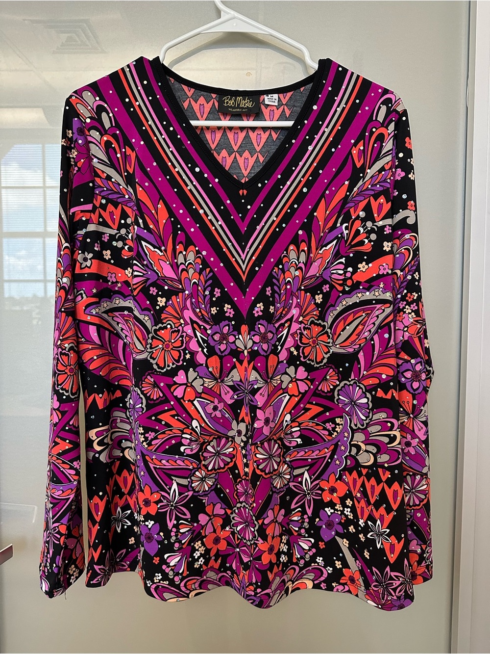 Bob Mackie Womens Med Wearable Art Top Pink Floral Rhinestone Retro Maximalist